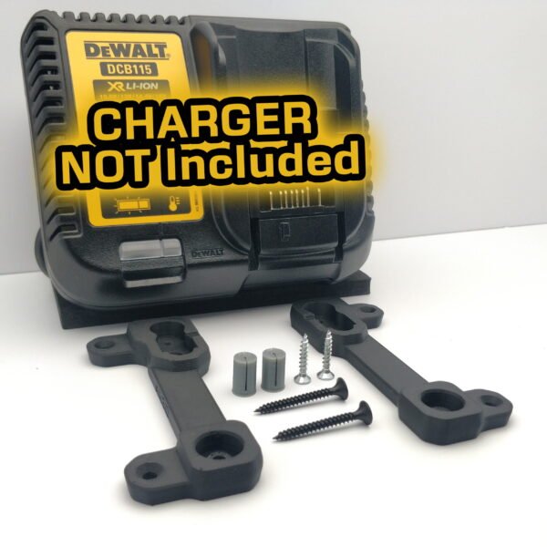 DeWalt DCB115 Charger and Custom Wall Mount Bracket kit with screws and TPU Bungs