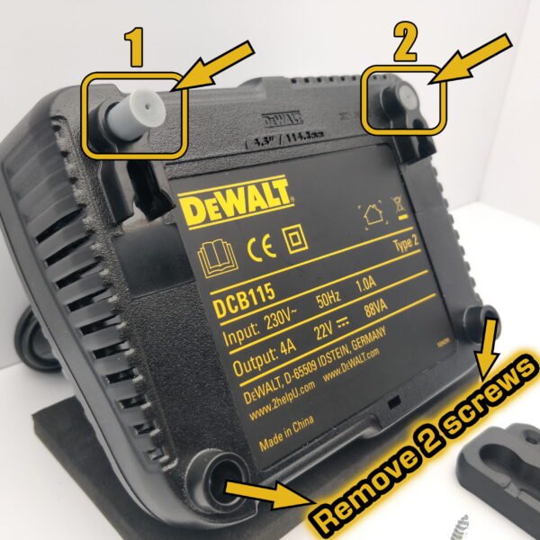 Wall Mount Brackets on the back of DeWalt DCB115 Charger along with fitting instructions