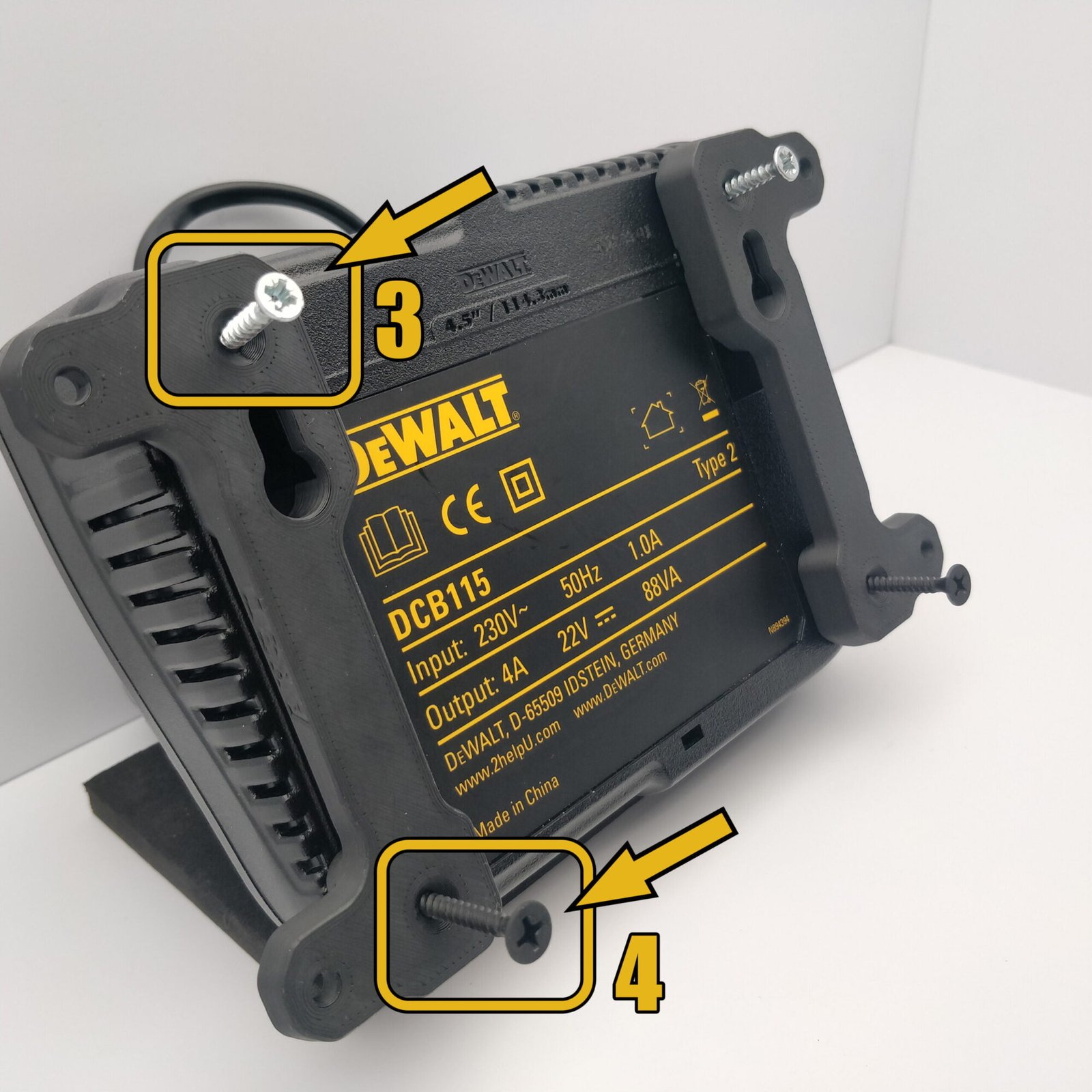 Wall Mount Brackets on the back of DeWalt DCB115 Charger along with fitting instructions