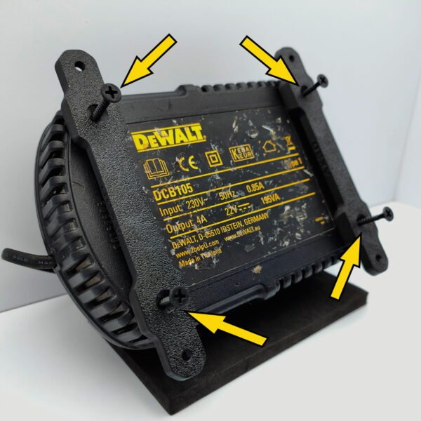 Wall Mount Brackets on the back of DeWalt DCB105 Charger along with fitting instructions